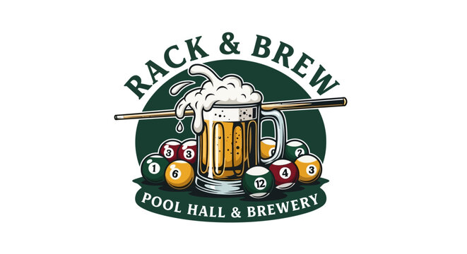 Rack & Brew Logo: Pool Balls, Beer Mug, Cue Stick - Pool Hall & Brewery Concept