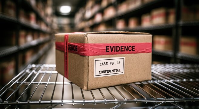 A cardboard box labeled evidence on a metal shelf in a storage room with shelves