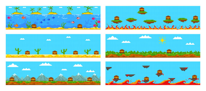 Game pixel levels. Pixel game scene with mountains, desert, lava, trees, sea, fire, clouds, chests, islands. 8 bit game scenes with natural challenges against a blue sky.