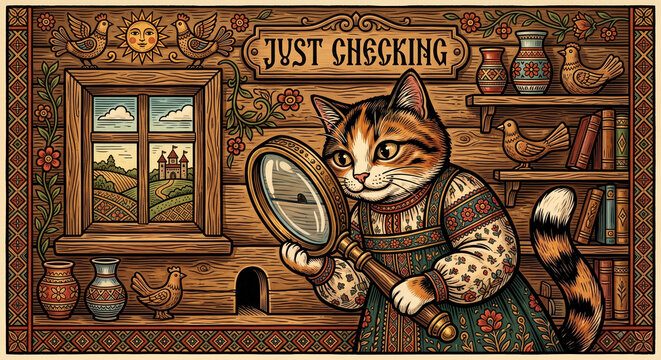 Anthropomorphic cat with a giant magnifying glass in modern lubok folk art style featuring the humorous caption &ldquo;JUST CHECKING&rdquo;