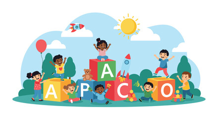 Naklejka premium Group of happy children play with large alphabet building blocks in an outdoor park setting to promote early learning.