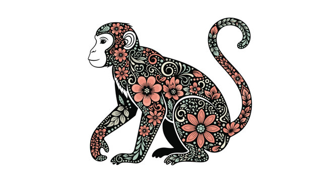 Artistic monkey illustration is decorated with intricate floral and paisley patterns in a traditional folk or ethnic art style.