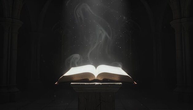 Open ancient book on a wooden lectern with smoke rising in a dark atmospheric setting