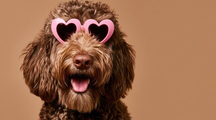 Naklejka premium Happy labradoodle wearing pink heart sunglasses for playful summer pet lifestyle advertising