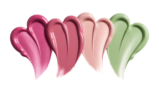 Four distinct heart-shaped smears of cosmetic cream in shades of magenta, rose, light pink, and sage green on a clean white background