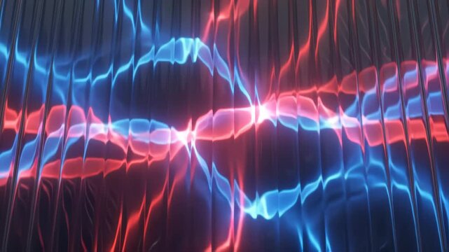 Abstract gradient background with ribbed glass texture animation. Futuristic dynamic luminous neon red and blue waves. Colorful refracted glass effect fractal glass design. 3d rendering. Looping video
