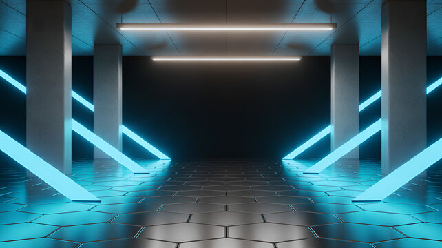 Futuristic dark interior with hexagonal floor tiles and glowing blue neon light strips on pillars, creating a symmetrical tunnel effect