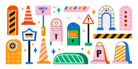 Traffic Cone And Signage Vector Illustration With Decorative Elements © Bibhas