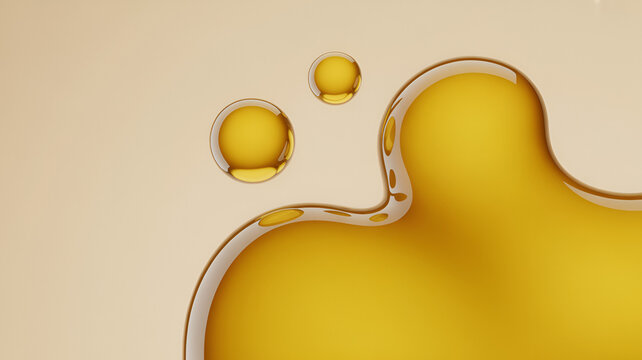 Golden yellow liquid drops and a large viscous puddle on a smooth beige background, macro view of oil or honey texture and surface tension