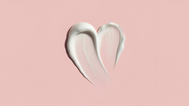 Heart shape formed by a white cosmetic cream smear on a soft pastel pink background, skincare product texture, beauty and love concept