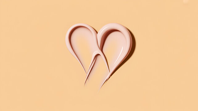 Heart shape formed by two smooth swirls of pale pink cosmetic cream on a solid light peach background, representing skincare and, beauty care