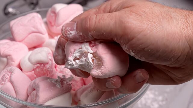 Soft Tender Marshmallows Squeezed by Male Hand, Unhealthy Sweet Food. Dolly Slider, Close-Up.
