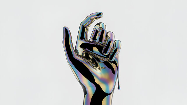 Metallic chrome hand sculpture with iridescent rainbow reflections and liquid dripping effect isolated on a plain white background