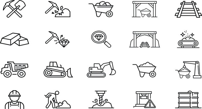 Underground Mine Industry Vector Collection with Outline Symbols for Heavy Machinery Excavators Dump Trucks Wheelbarrows Mining Helmets and Geological Engineering Graphic Designs