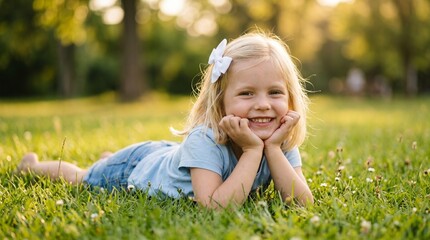 Fototapeta premium Joyful young girl relaxing on green grass in a sunny park smiling while appreciating the beauty of nature