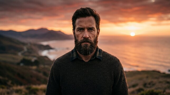 Bearded man standing on a coastal cliff during sunset appreciating the tranquility and beauty of nature