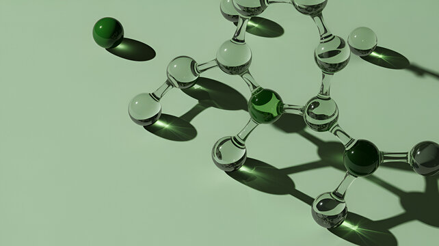 Molecular structure model made of glass spheres and green connectors, scientific concept of chemistry or biology on a light green background