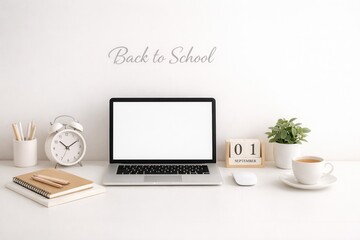 Fototapeta premium Minimal back to school workspace with laptop calendar coffee and study supplies on white desk
