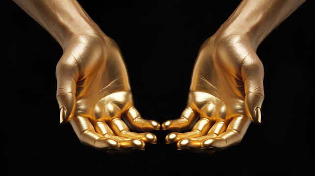 Pair of human hands painted in metallic gold, held open with palms facing upward against a solid black background, creating a reflective surface