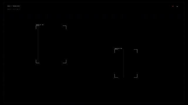 Minimalist digital targeting interface with dual tracking frames and technical data overlay on black background.