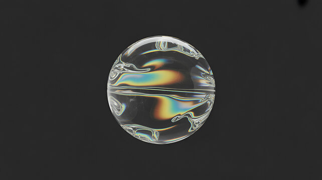Single transparent glass sphere with iridescent liquid swirling inside creating rainbow reflections against a solid dark grey background surface