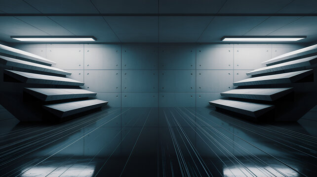 Symmetrical dark industrial room with concrete walls and two sets of stairs leading up, illuminated by overhead lights and reflective floor