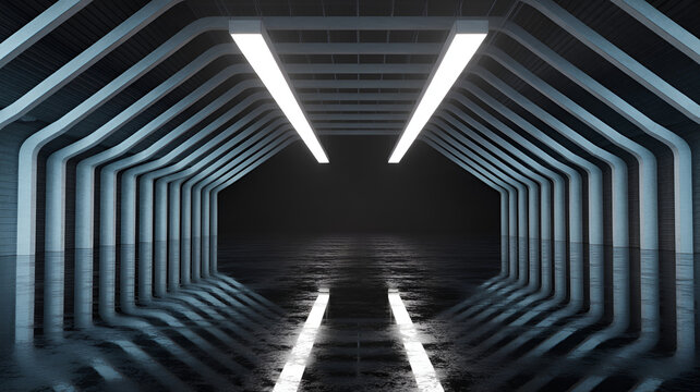 Symmetrical tunnel structure with ribbed metal walls and two long parallel white light strips reflecting on a dark polished floor