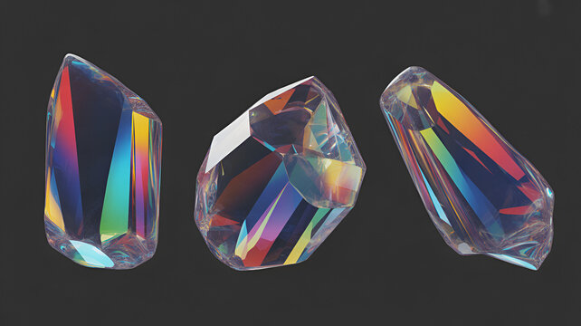 Three sharp iridescent crystal shards with vibrant rainbow refractions floating against a solid dark gray background, for jewelry or, gem ads