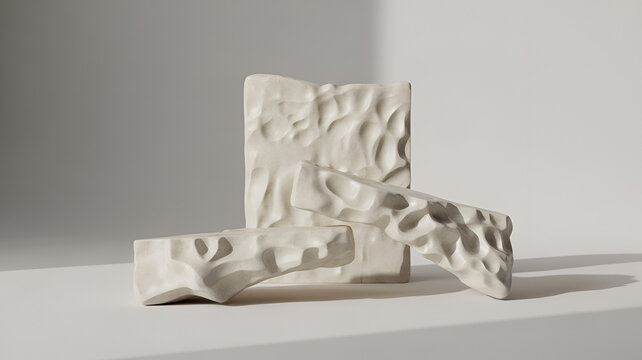 Three white sculptural blocks with organic wavy textures arranged on a clean surface, minimalist composition with soft shadows and light