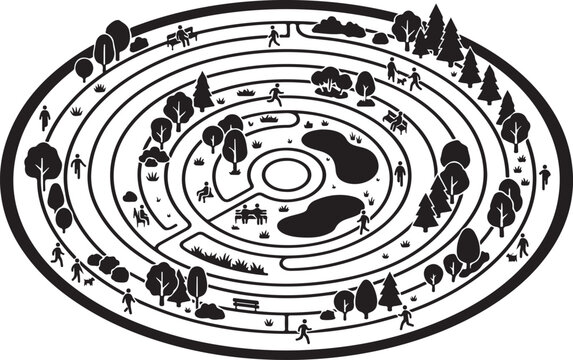 Black and white maze, circular labyrinth illustration, fitness running track design, oval shaped obstacle course