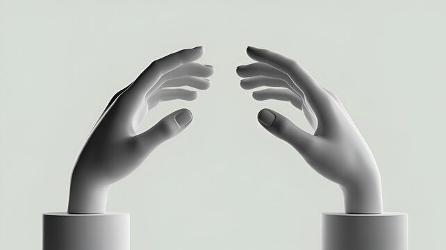 Two 3d rendered white mannequin hands reaching towards each other on a plain light gray background, with soft shadows, and clean lines