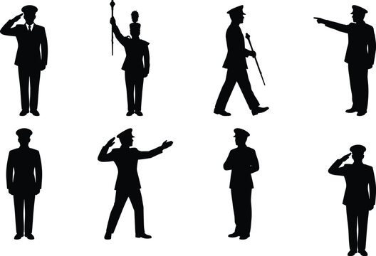 Ceremonial military officer and drum major silhouette set