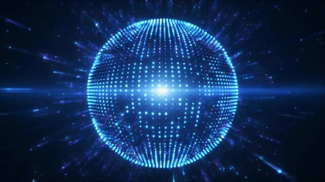 Abstract blue glowing particle sphere with dynamic light dots and radial energy burst effect, futuristic sci fi data orb with digital network motion on dark background abstract blue 4k