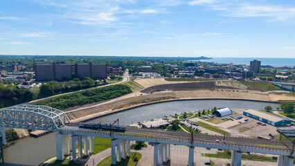 Obraz premium Aerial shot of office buildings, apartments and homes in downtown Cleveland Ohio USA