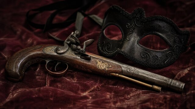 Antique flintlock pistol and black mask arranged on faded velvet fabric, historical still life.