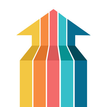 Multicolor infographic arrow pointing up with five vertical segments representing ascending steps or growth in a process.