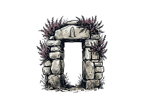 Rustic Stone Doorway Archway Formed By Stacked Boulders Topped With Purple Heather Blooms, Grassy Path Leading Through The Entrance, Natural Texture And Wildflower Vector Illustration