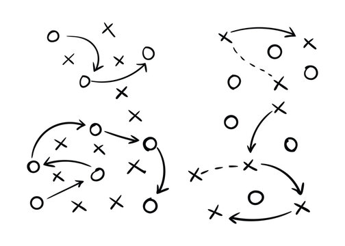 Hand Drawn Football Playbook Vector Set &ndash; Soccer Strategy Diagrams, Coach Tactics, X and O Formations & Game Plan Doodle Collection