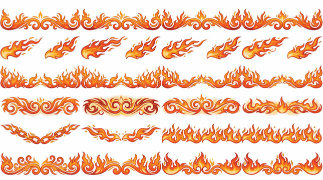 Flame and fire borders set with vector horizontal burning elements for hot graphic designs