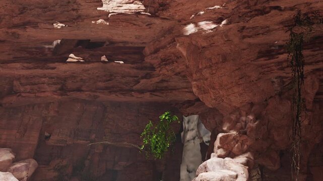 Rocks form a large canyon with a green plant visible in the sunlight. Shadows play on the stone walls. This scene shows natural beauty in a dry environment.