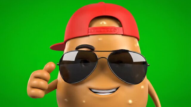 A cheerful cartoon potato wearing sunglasses and a cap smiles.