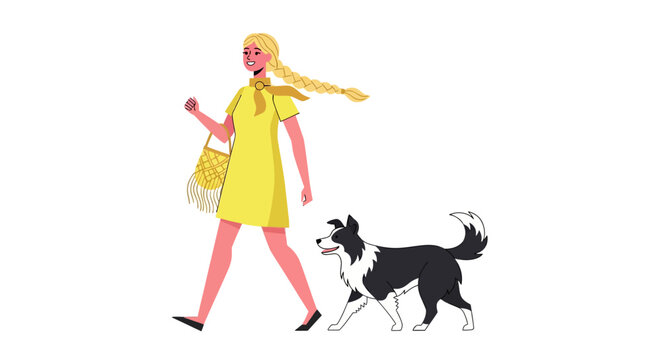 Woman in yellow dress walking her border collie dog.