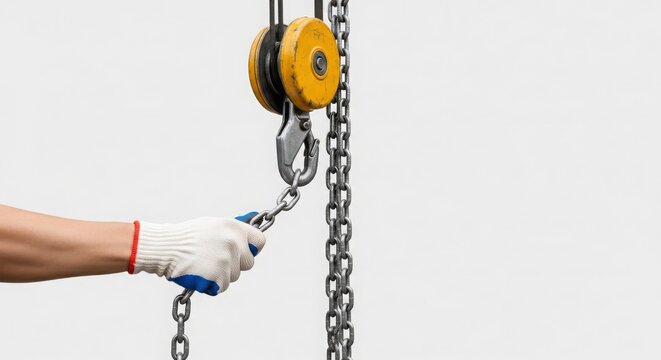 Industrial hoist mechanism with a gloved hand operating the chain for lifting heavy objects