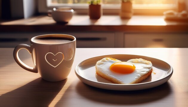 freshly cooked egg served in a heart shape on a plate next to a cup of coffee during breakfast time in a cozy kitchen