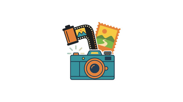 Retro camera with film roll and photo print illustration