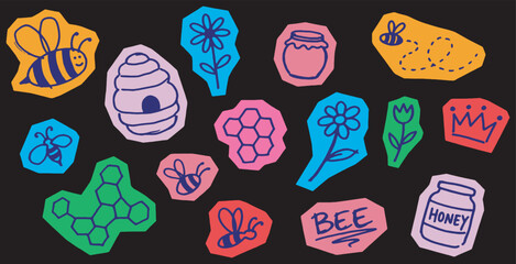 Colorful Bee and Honeycomb Cutouts on a Dark Background, a Playful and Sweet Illustration. © Riki