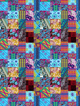 Seamless African patchwork pattern with traditional ethnic ornaments and geometric shapes.
