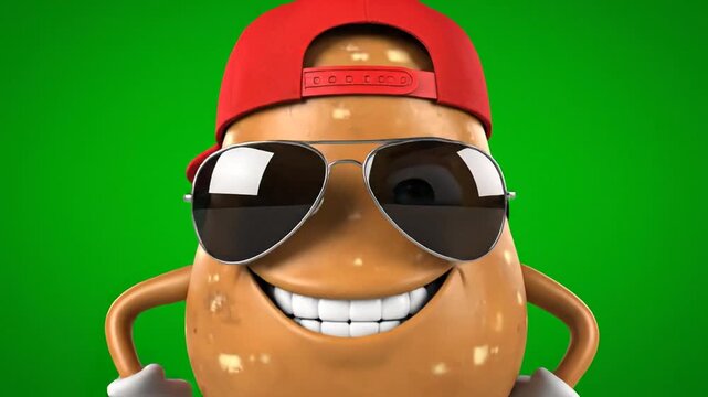 A cheerful cartoon potato character wearing sunglasses and a red hat smiles at the viewer.