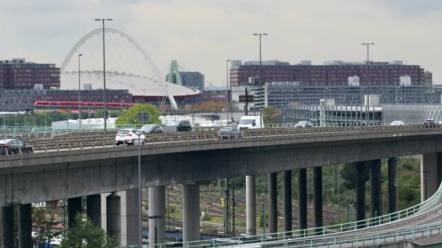 Cologne Highway Traffic Timelapse with Urban Cityscape and Lanxess Arena