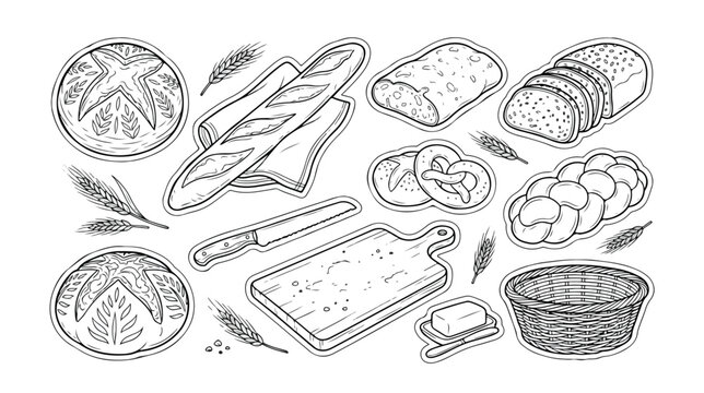 Artisan bakery vector line art collection, hand-drawn bread and pastry illustrations, rustic baking ingredients and tools, black and white outline graphic elements for menus and packaging design